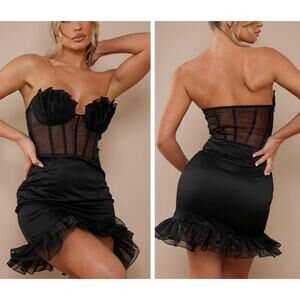PTL PrettyLittleThing Black Shell Frill Cup Corset Bodycon Dress Size 12 NEW